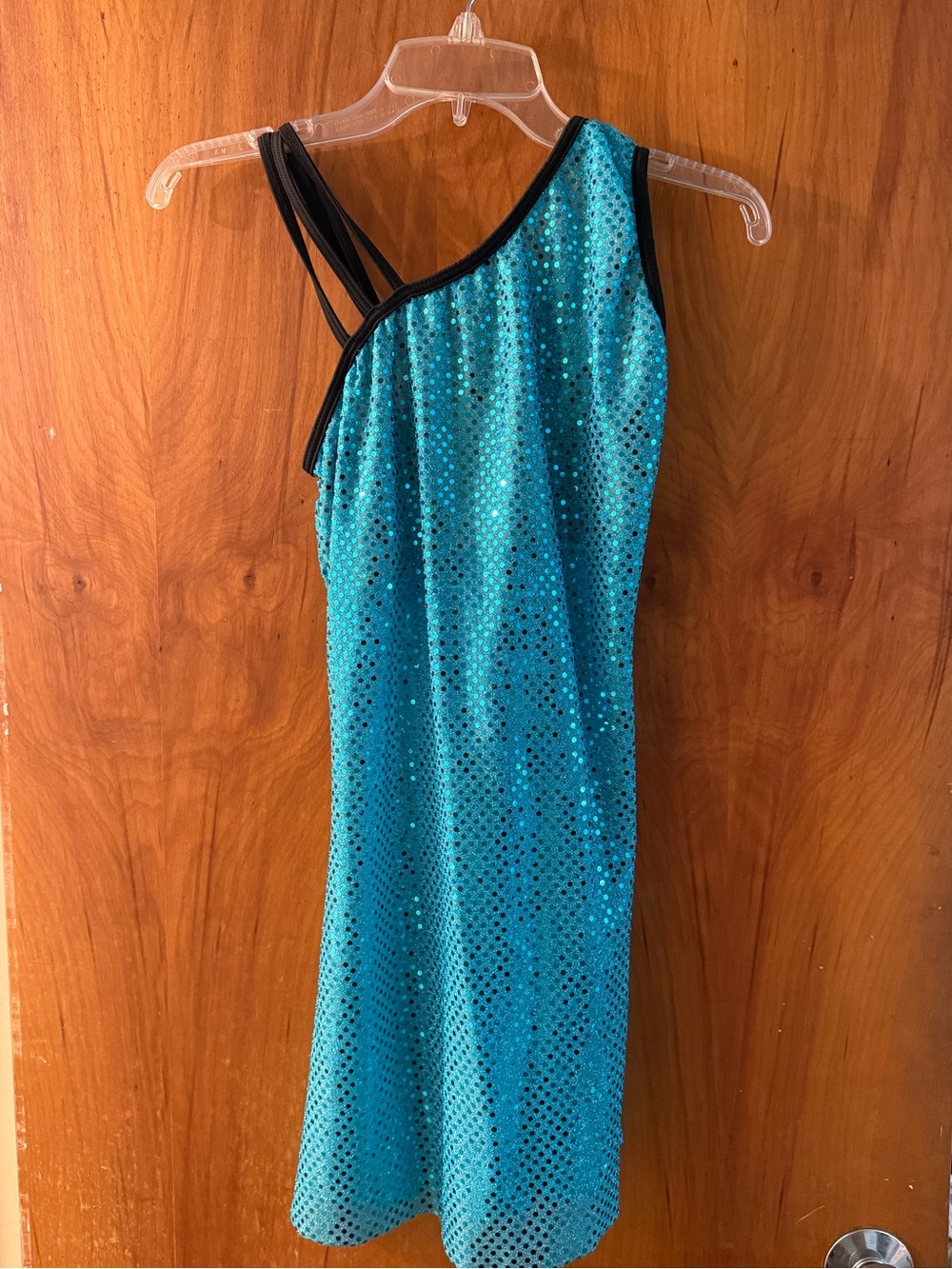 One-Shoulder Blue Sequin Dress with Black Straps